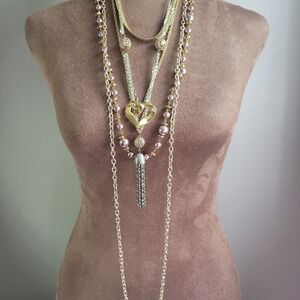 Gold Layered Necklace Lot Heart Faux‎ Pearl Tassel Chains 5pc Set Vin